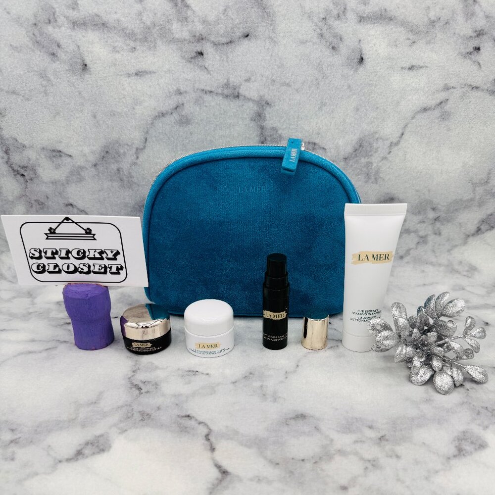 La Mer Skincare Set-Blue Pouch,Eye Concentrate,Cleanser,Serum&Soft Cream-5pc-NEW